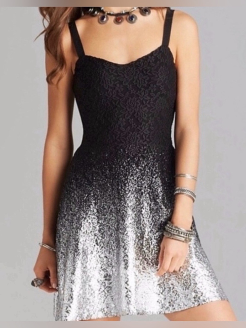 Free People Women’s Black & Silver Foil Ombré Lace Mini Dress — Size XS